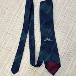 Vintage handmade silk Polo by Ralph Lauren Navy and Teal Plaid Tie